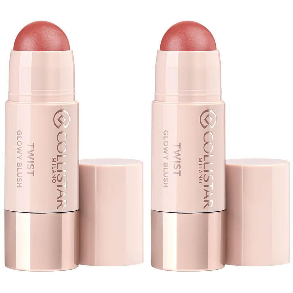 Deux sticks Collistar Twist Glowy Blush aux teintes rosées, un ouvert, l'autre capuchonné.