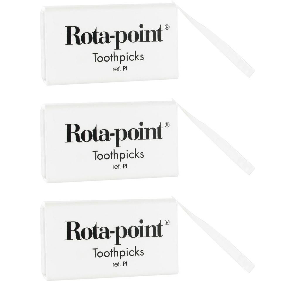Trois paquets de cure-dents Rota-point® en plastique, chacun avec un cure-dent individuel.