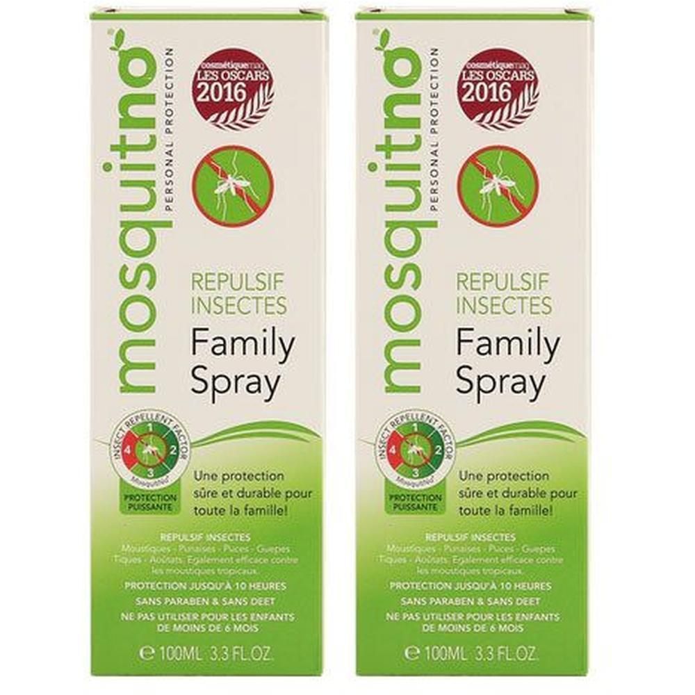 Deux boîtes de spray répulsif insectes familial Mosquitno. Mention "Les Oscars 2016".