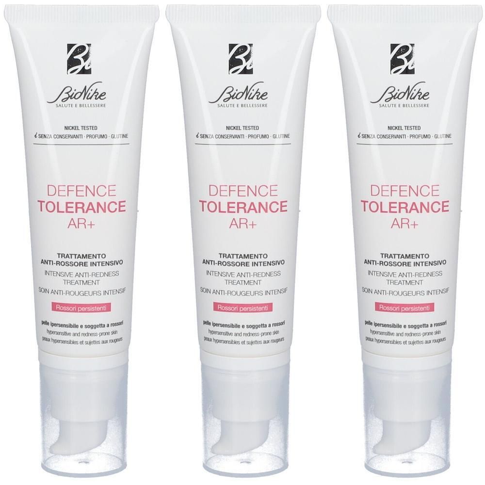 Drie tubes BioNike Defence Tolerance AR+ Intensieve Anti-Roodheid Behandeling.