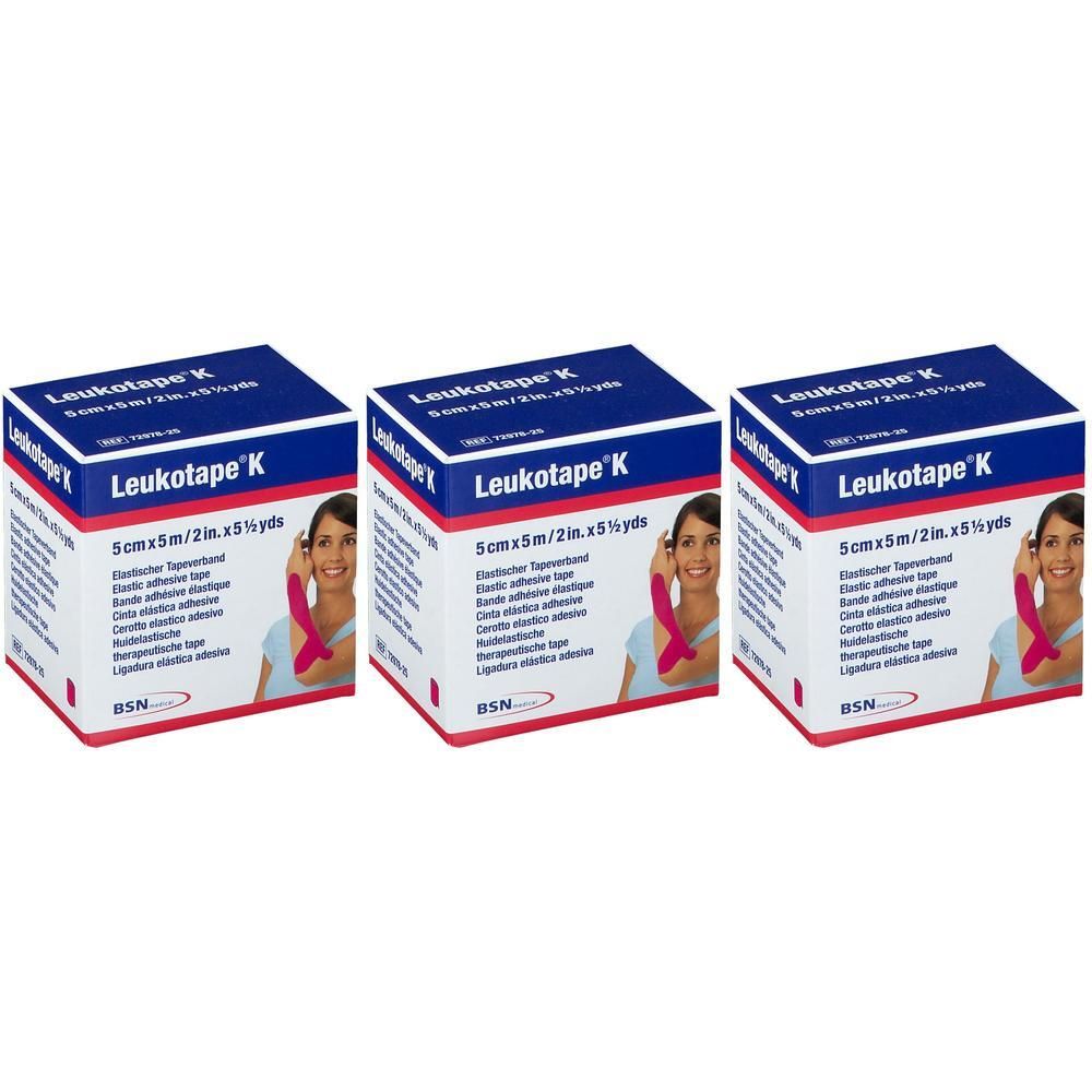 Drie pakken Leukotape K elastisch tape, 5cm x 5m.