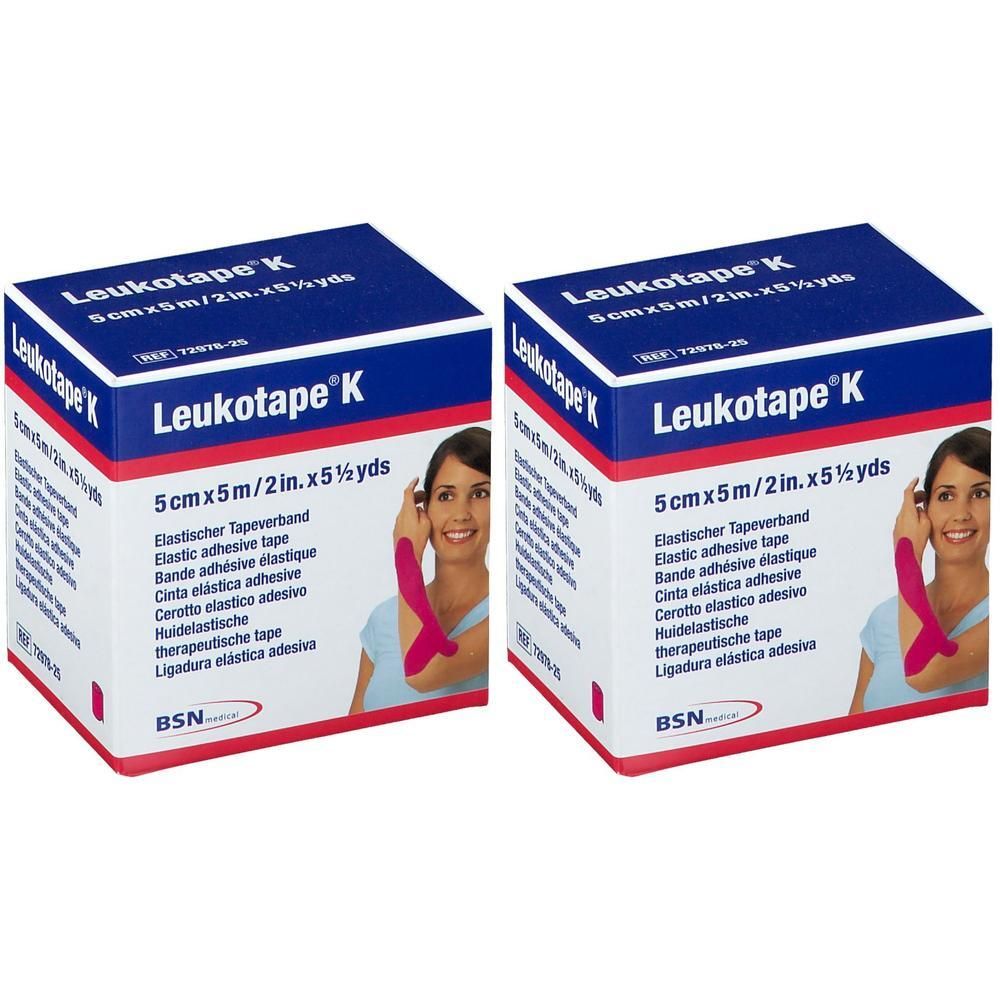 Twee pakken Leukotape K, elastisch tape, 5cm x 5m, in roze.