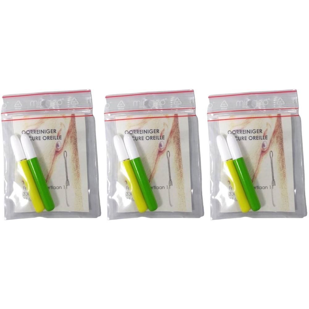 Trois lots de deux cure-oreilles verts et jaunes, emballés dans des sachets en plastique.