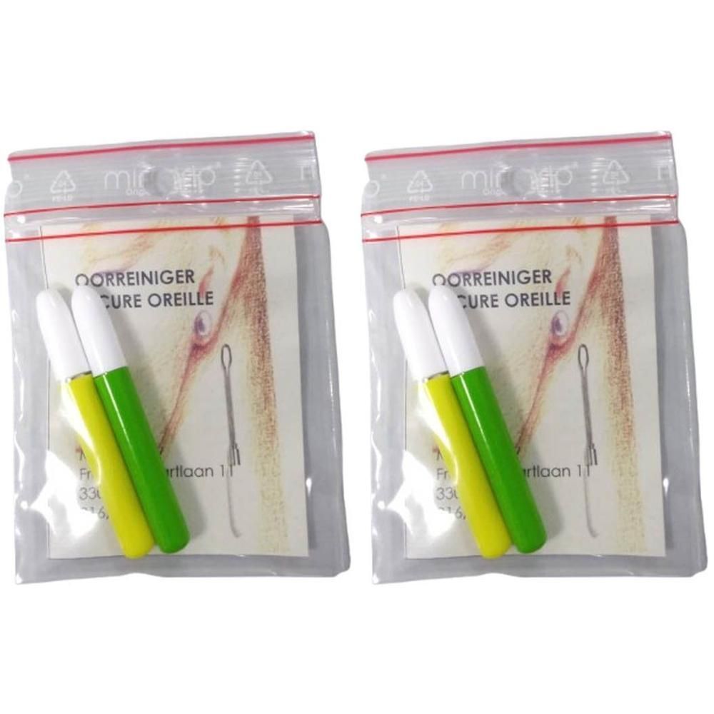 Twee oorreinigers met witte punten en gele en groene handvatten, in plastic verpakking.