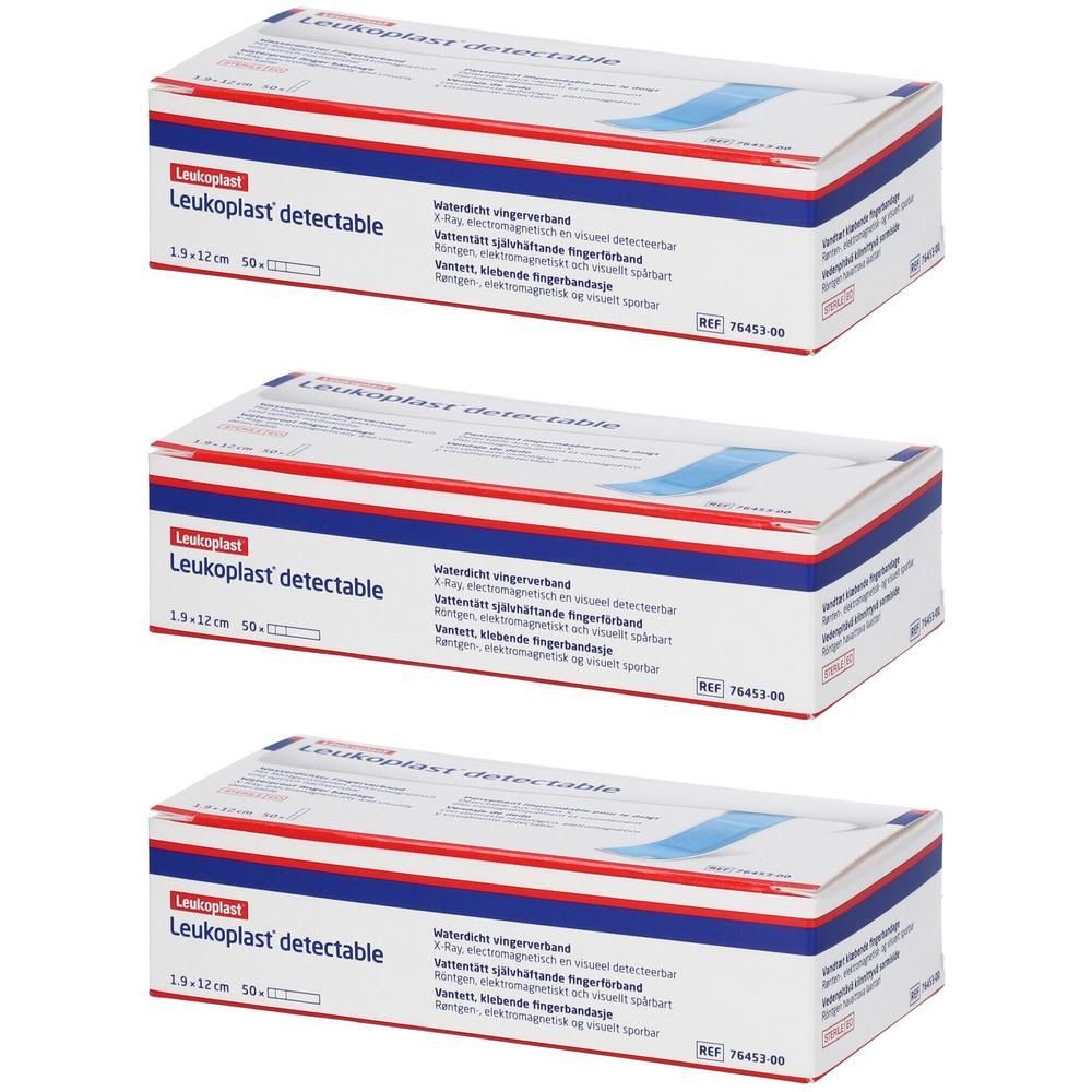 Trois boîtes de pansements Leukoplast® Detectable, 1,9 cm x 12 cm.
