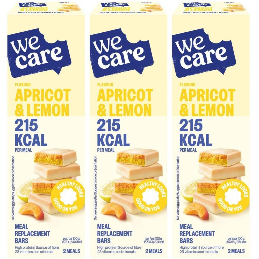 We Care Meal Replacement Bars Abrikoos & Citroen: 215 kcal per reep, 2 repen per verpakking.