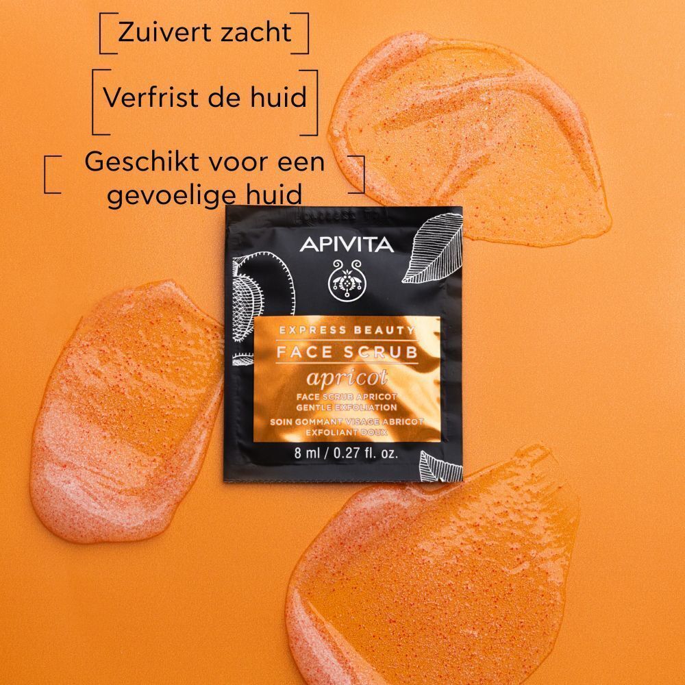 Apivita Express Beauty Gezichtsscrub Abrikoos. Zakje van 8ml met zachte scrubtextuur.