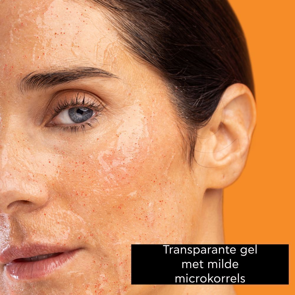 Apivita Express Beauty Gezichtsscrub Abrikoos. Transparante gel met zachte microkorrels.