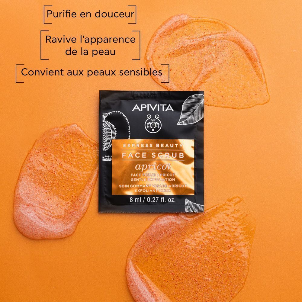 Gommage visage Apivita Express Beauty Abricot, 8ml. Avec des microbilles douces.