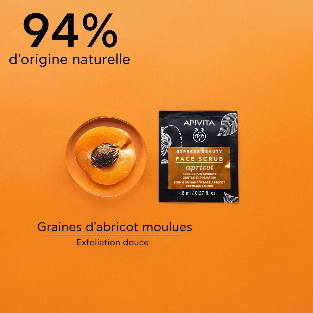 Gommage visage Apivita Express Beauty Abricot. 94% d'ingrédients d'origine naturelle.