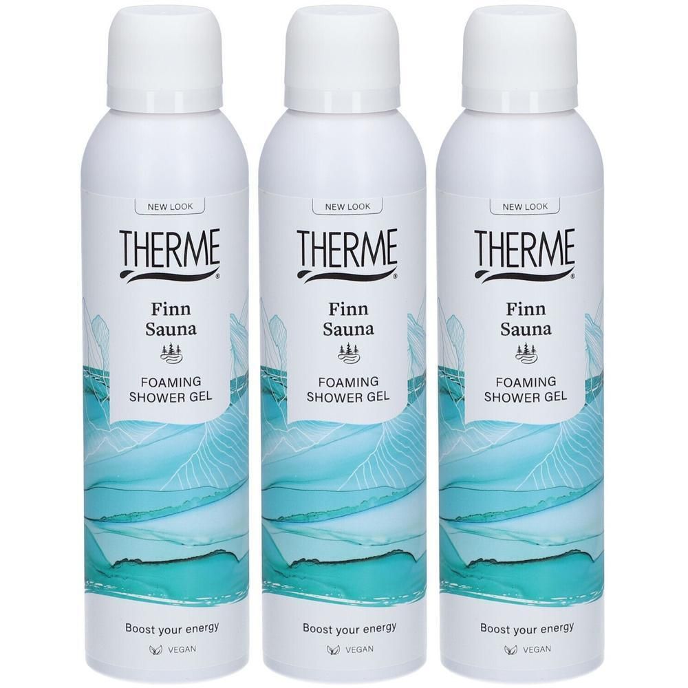 Drie witte bussen THERME Finn Sauna Foaming Shower Gel met blauwgroen patroon.