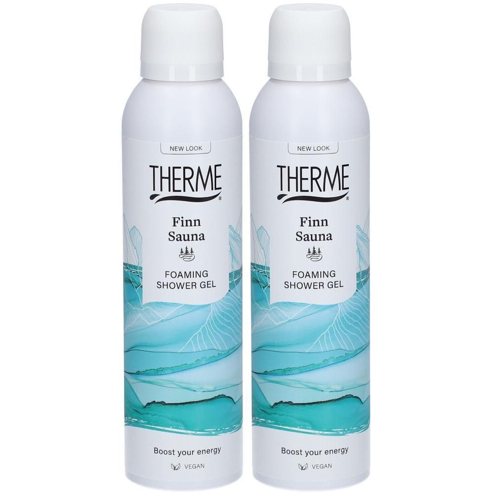 Twee witte flacons THERME Finn Sauna douchegel.