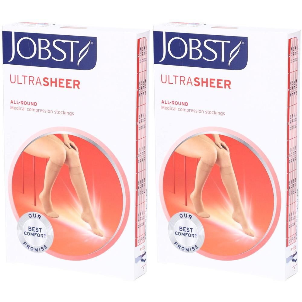 Twee verpakkingen Jobst Ultrasheer medische compressiekousen. Beige, knielang.