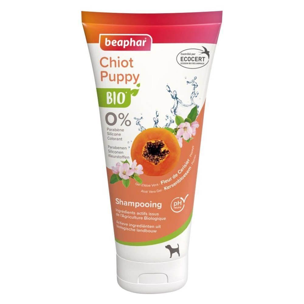Shampoing Bio Beaphar pour chiot à la papaye et fleur de cerisier. 0% parabènes, silicones, colorants. Certifié bio.