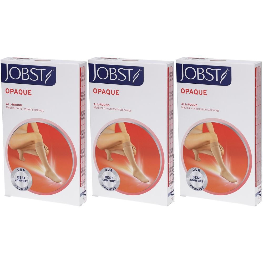 Trois boîtes de bas de contention JOBST Opaque beiges. Chaque boîte montre une femme portant les bas.