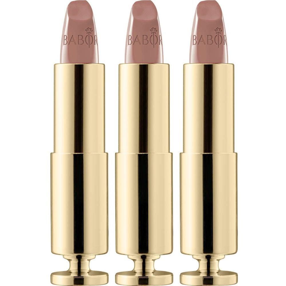 Drie Babor lippenstiften in gouden huls, tint 09 Baby Doll.