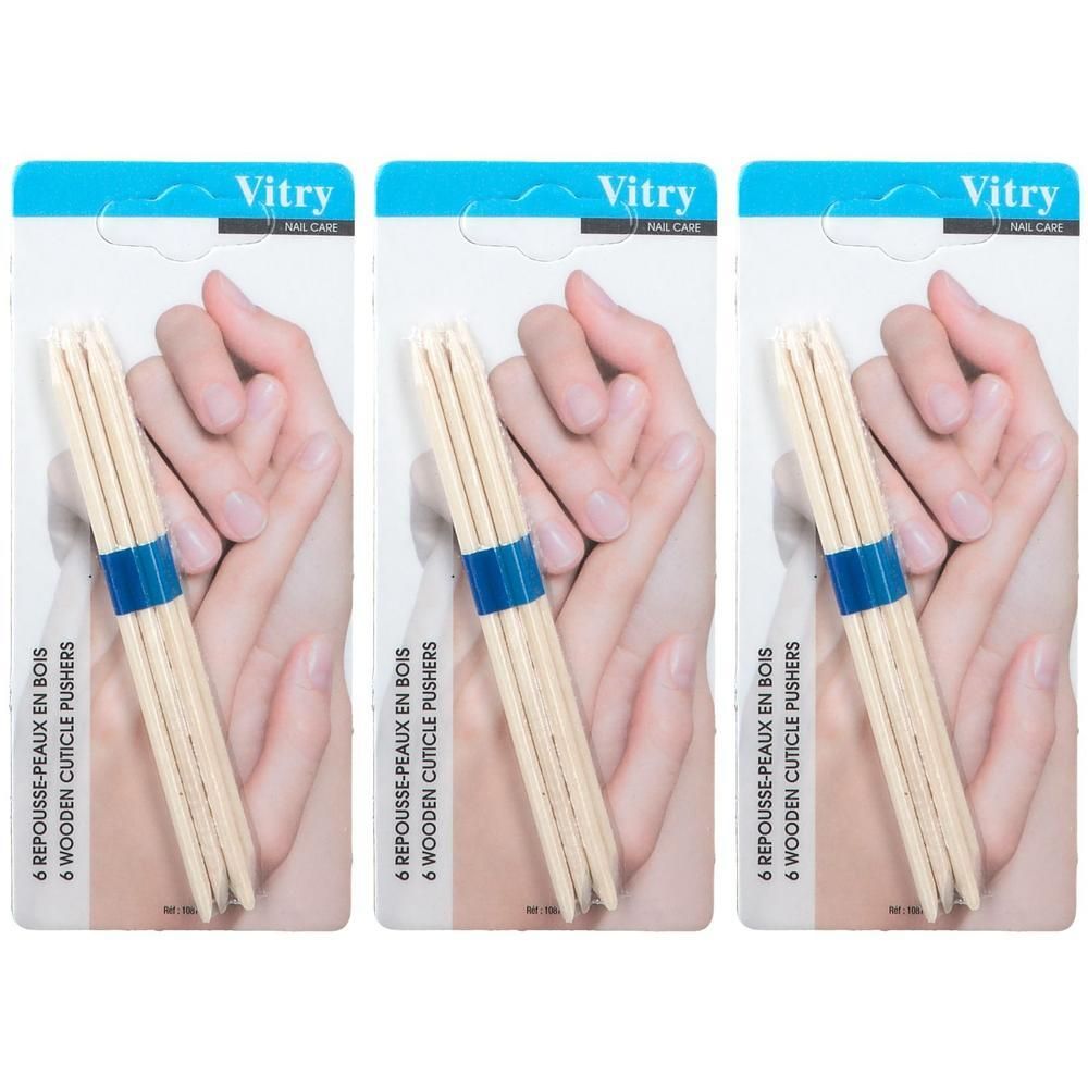 Vitry houten nagelriemduwers, 6 stuks per verpakking. Natuurlijke houtkleur met blauwe band.