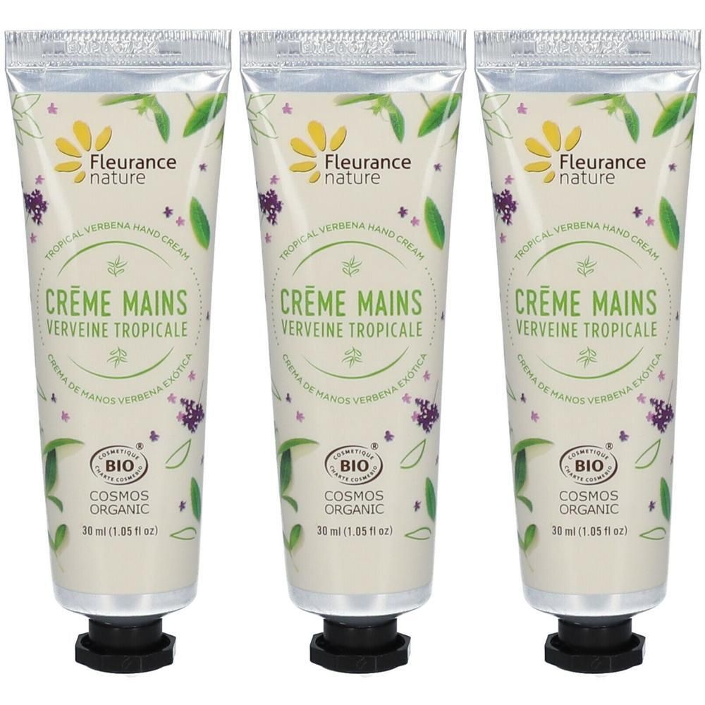 Trois tubes de crème mains verveine tropicale, certifiés BIO et COSMOS ORGANIC.