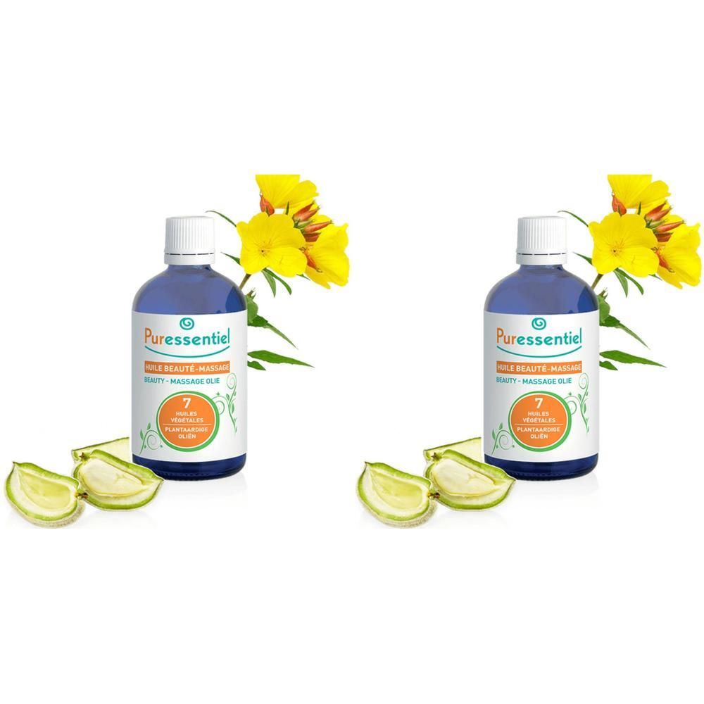 Twee flessen Puressentiel olie met gele bloemen en gesneden vruchten.