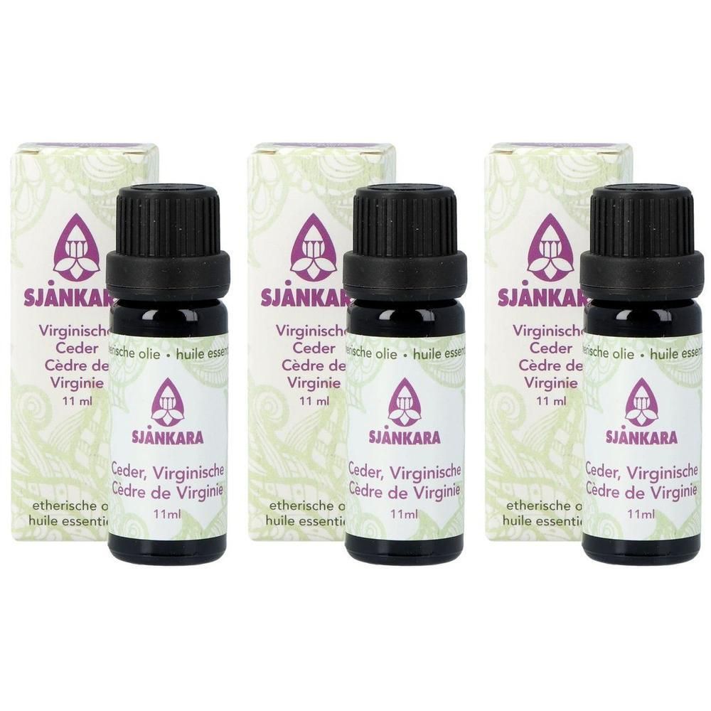 Trois flacons d'huile essentielle de cèdre de Virginie Sjankara, 11ml, avec emballage.