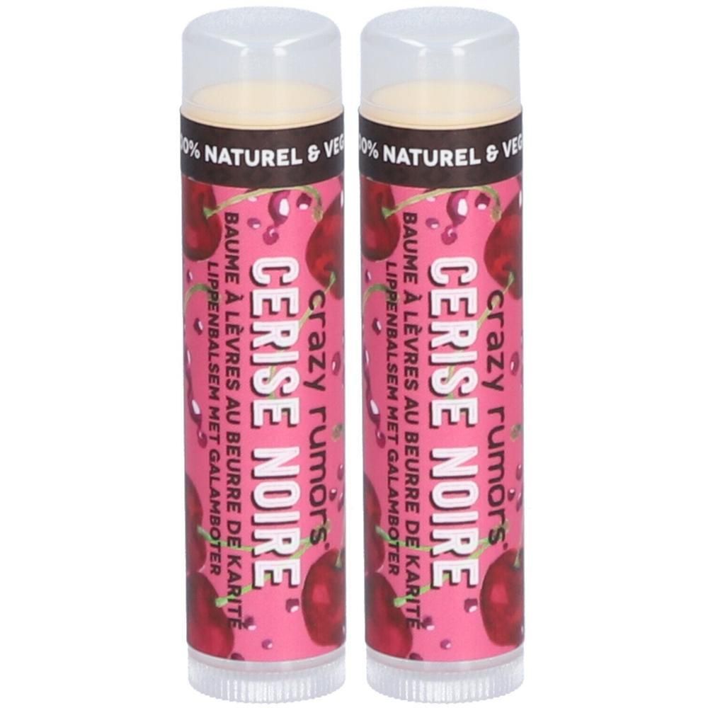Deux baumes à lèvres avec motif cerise et inscription "Crazy Rumors Cerise Noire".