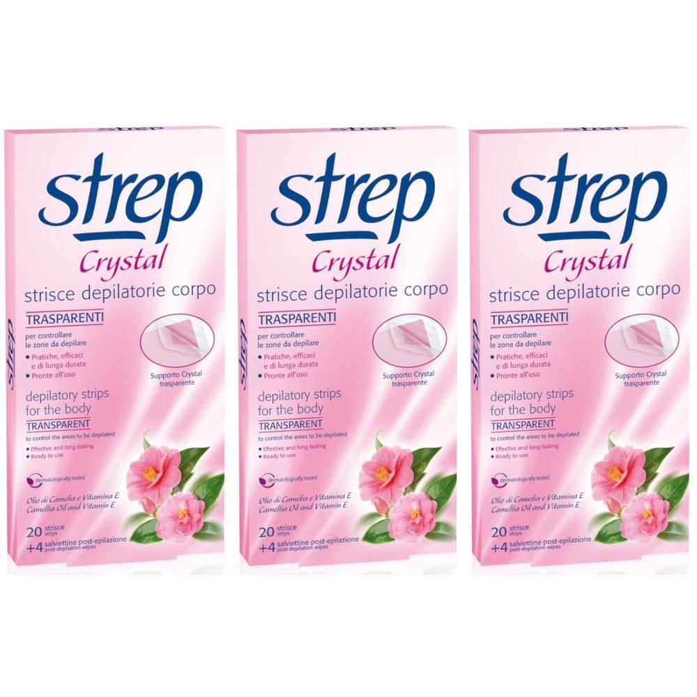 Drie pakken Strep Crystal ontharingsstrips voor het lichaam. Transparant.