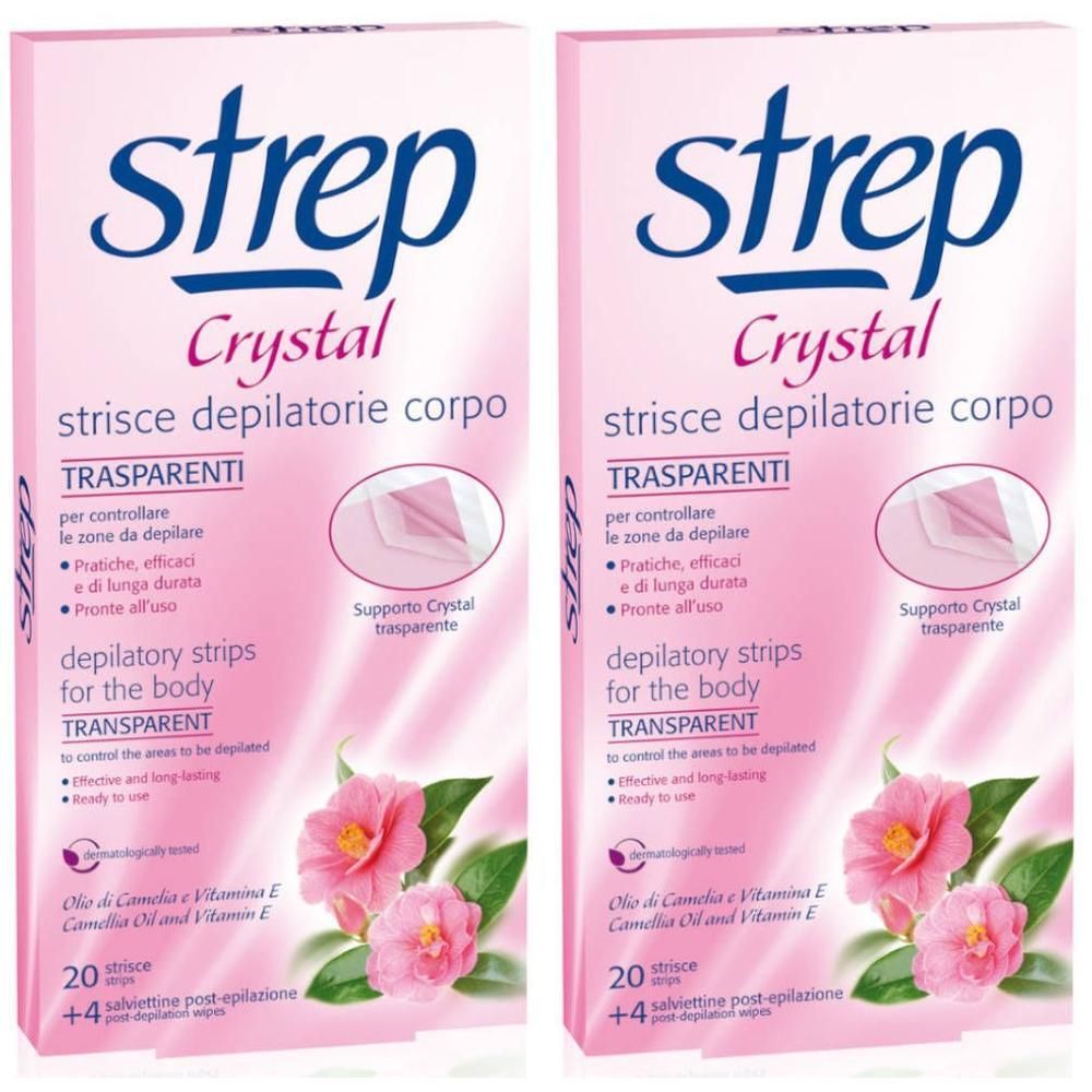 Deux paquets de bandes dépilatoires corps transparentes Strep Crystal. Contient 20 bandes et 4 lingettes.