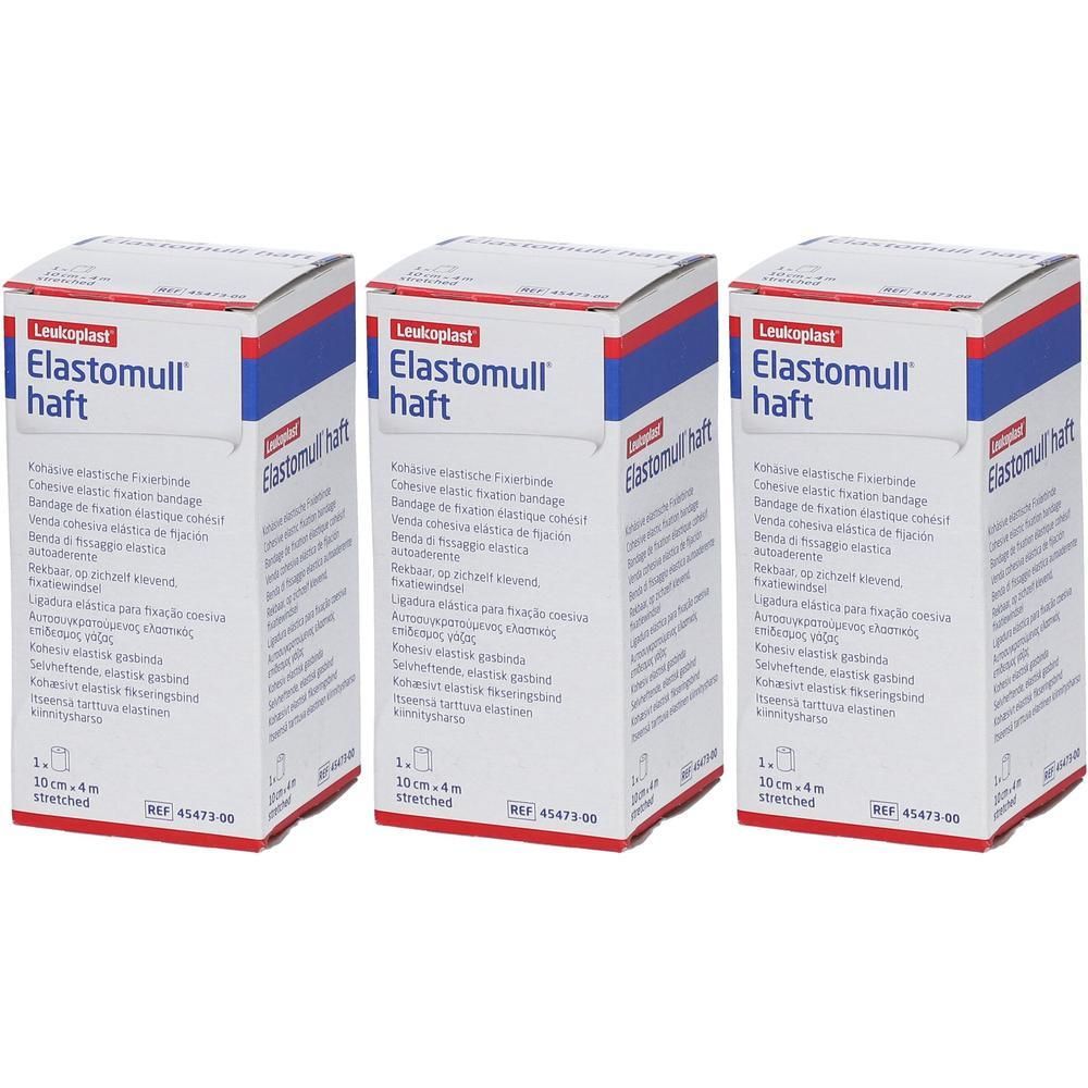 Trois paquets de bandes de fixation élastiques Leukoplast Elastomull haft, 10 cm x 4 m.