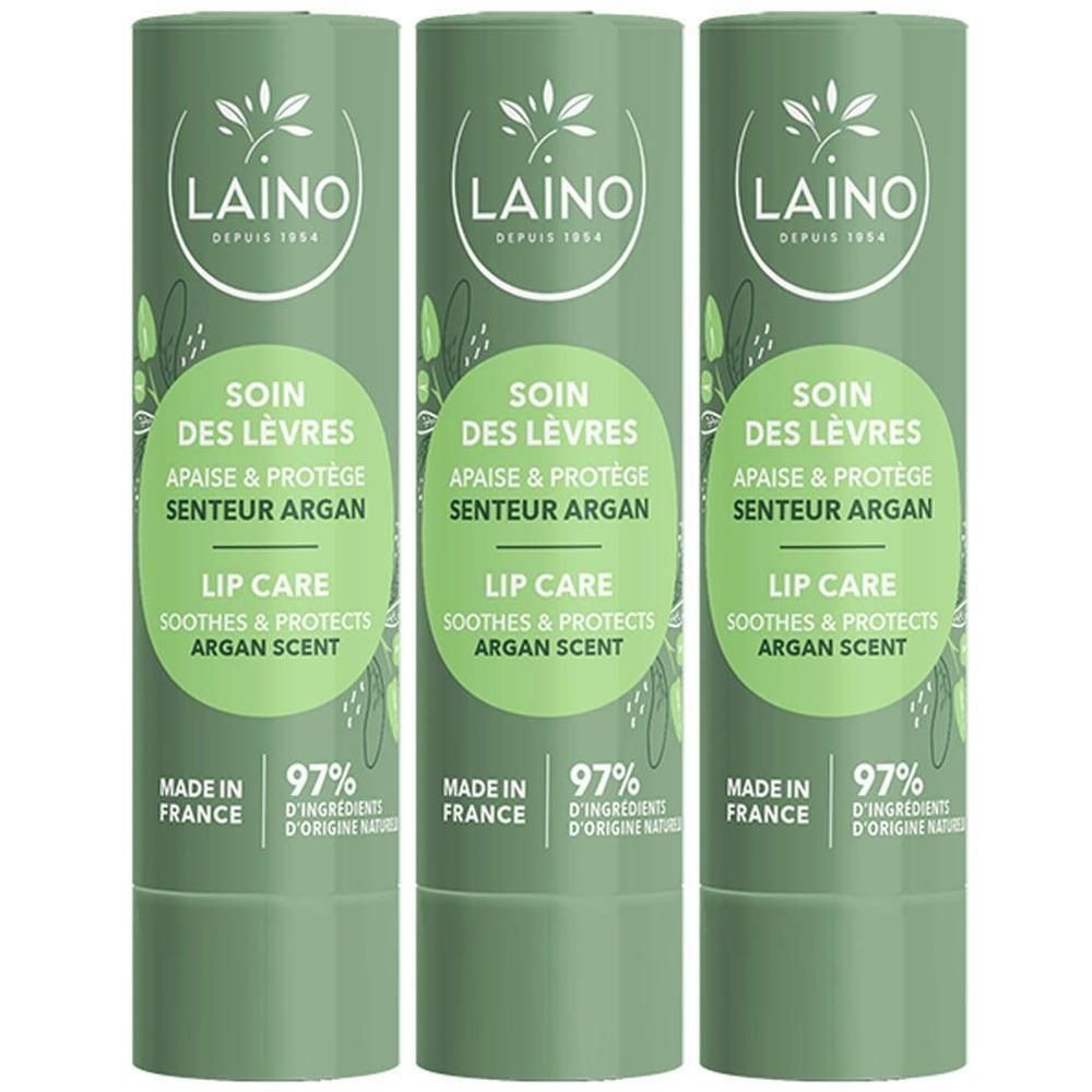 Trois sticks de soin pour les lèvres à l'argan. Fabriqué en France, 97% d'ingrédients d'origine naturelle.