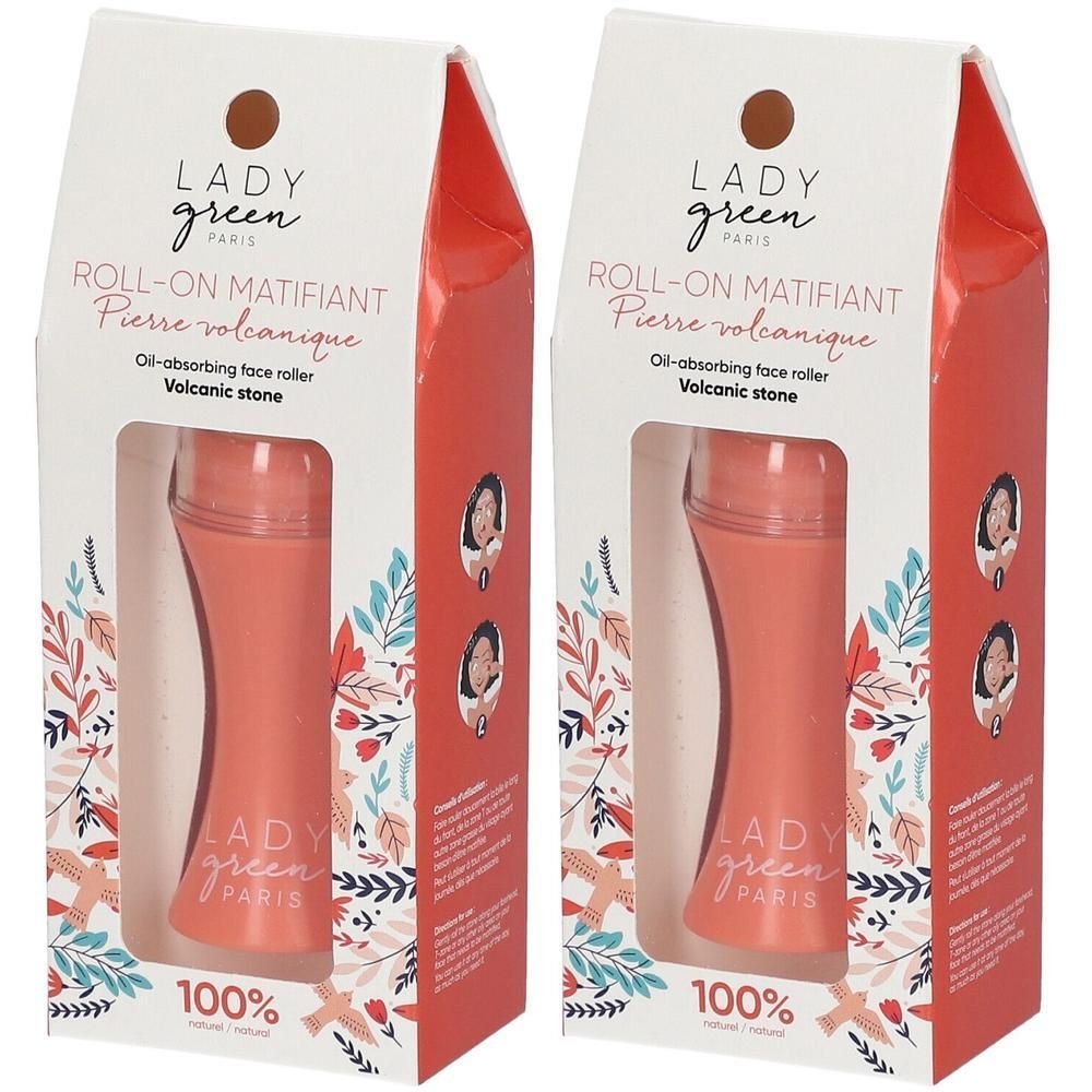Deux Roll-On Matifiant Lady Green en pierre volcanique dans leur emballage.