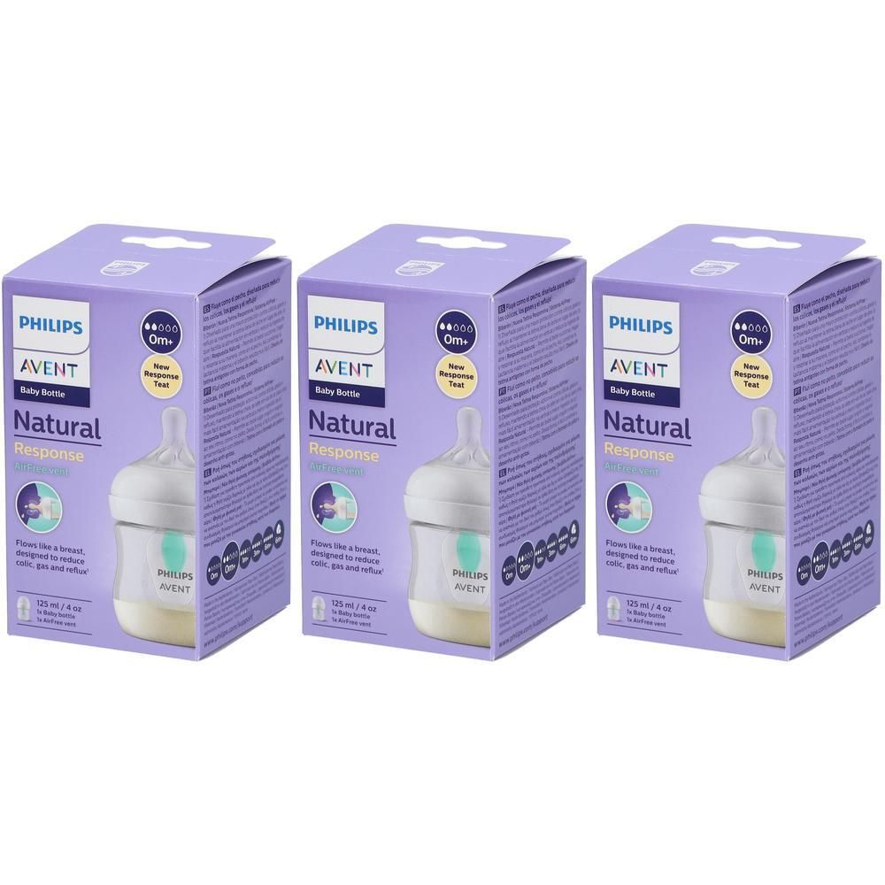 Drie Philips Avent Natural Response babyflessen in paarse dozen.