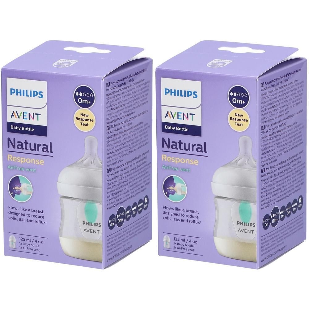 Deux biberons Philips Avent Natural Response (125ml) dans leur emballage violet.
