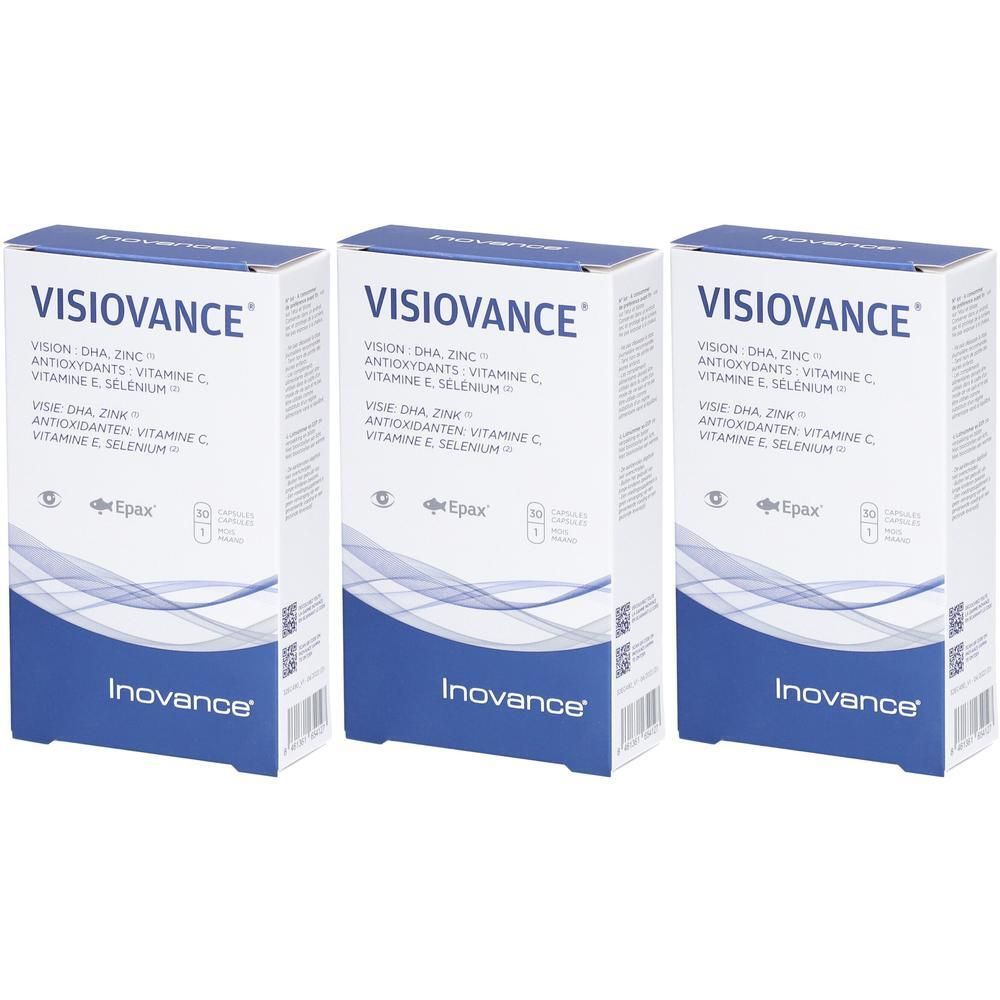 Drie pakken Inovance Visiovance met DHA, Zink, Vitamine C en E, Selenium. Bevat 60 capsules.