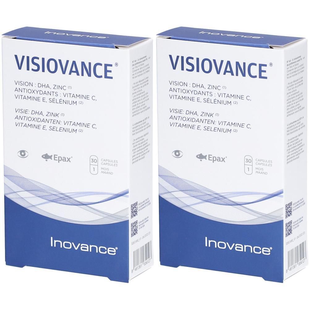 Deux boîtes Inovance Visiovance, 30 capsules chacune. Contient DHA, zinc, vitamines C et E, sélénium.