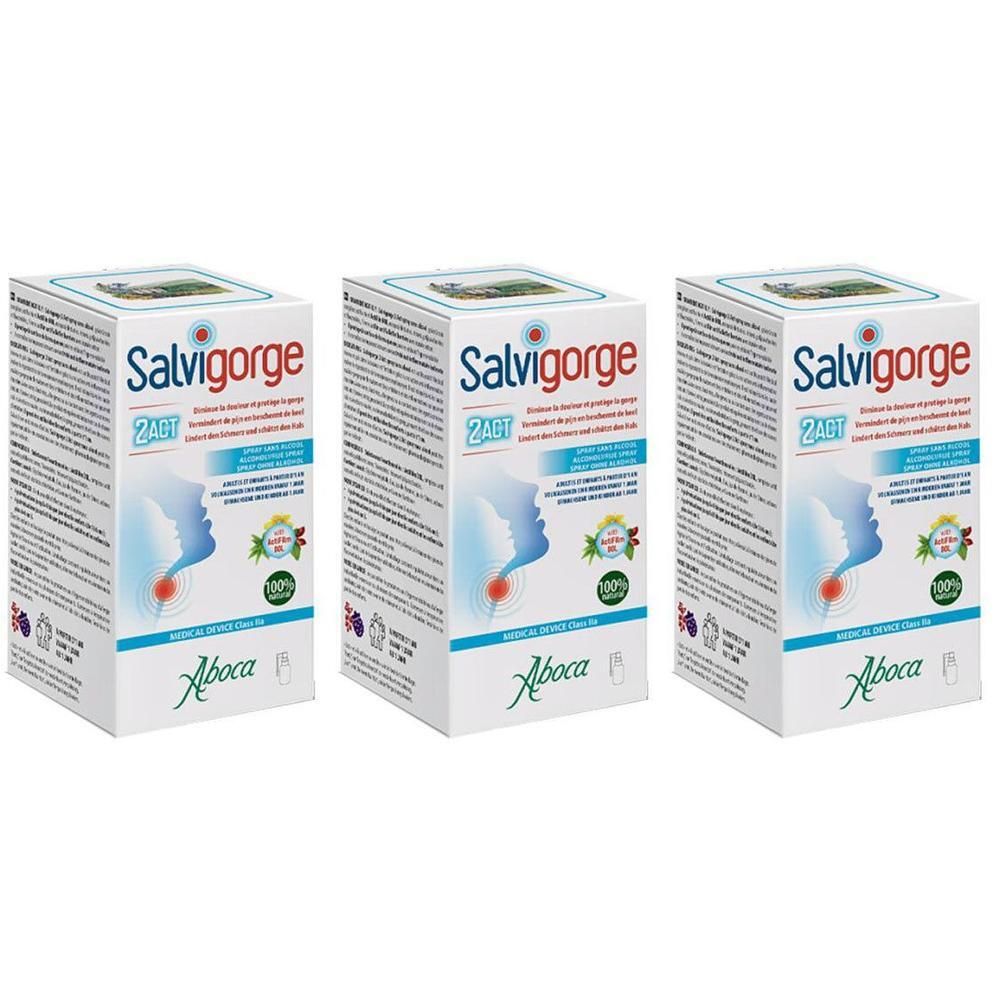 Trois boîtes de spray Aboca Salvigorge 2Act sans alcool. La face avant montre une silhouette de tête avec gorge.