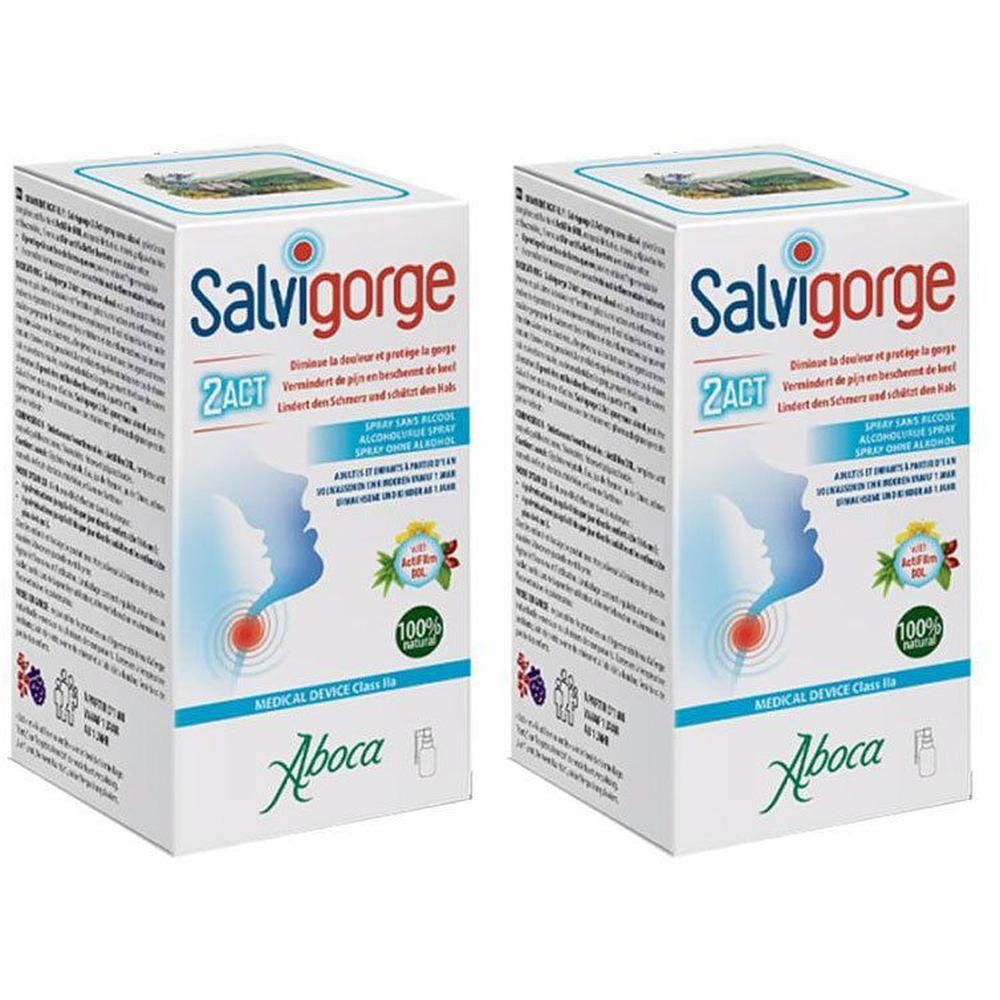 Twee verpakkingen Aboca Salvigorge 2Act spray. Medisch hulpmiddel klasse IIa.