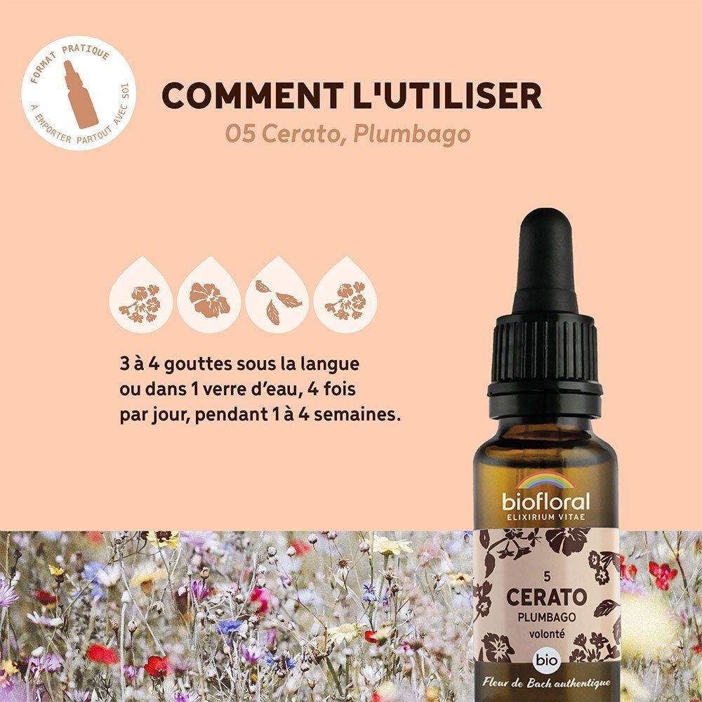 Flacon BIOFLORAL 05 Cerato Plumbago avec pipette, avec textes et icônes sur l'utilisation.