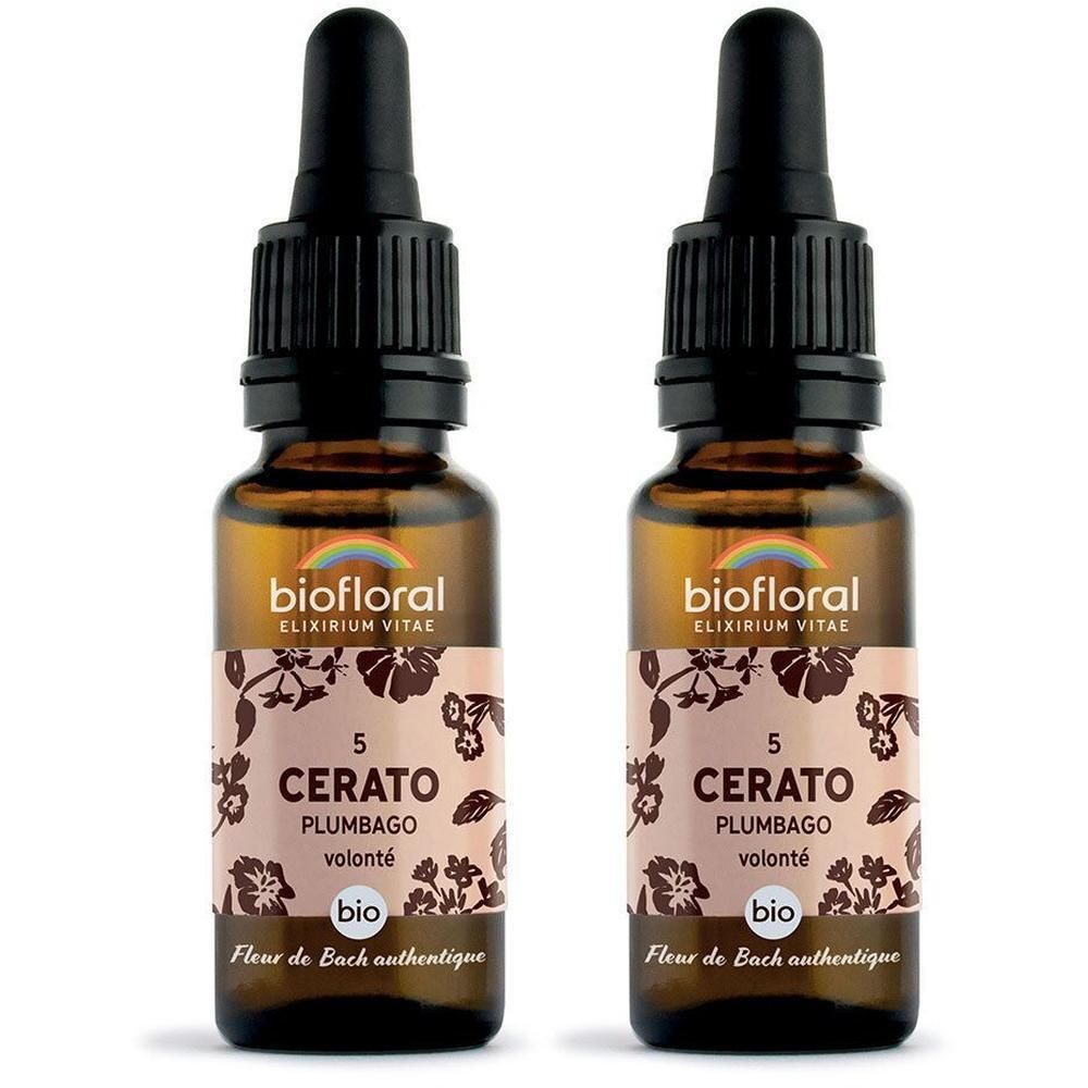 Deux flacons en verre avec compte-gouttes, contenant BIOFLORAL 05 Cerato.