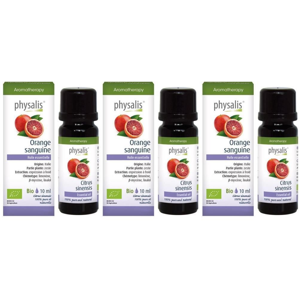 Trois flacons d'huile essentielle bio Physalis Orange Sanguine, 10 ml chacun.