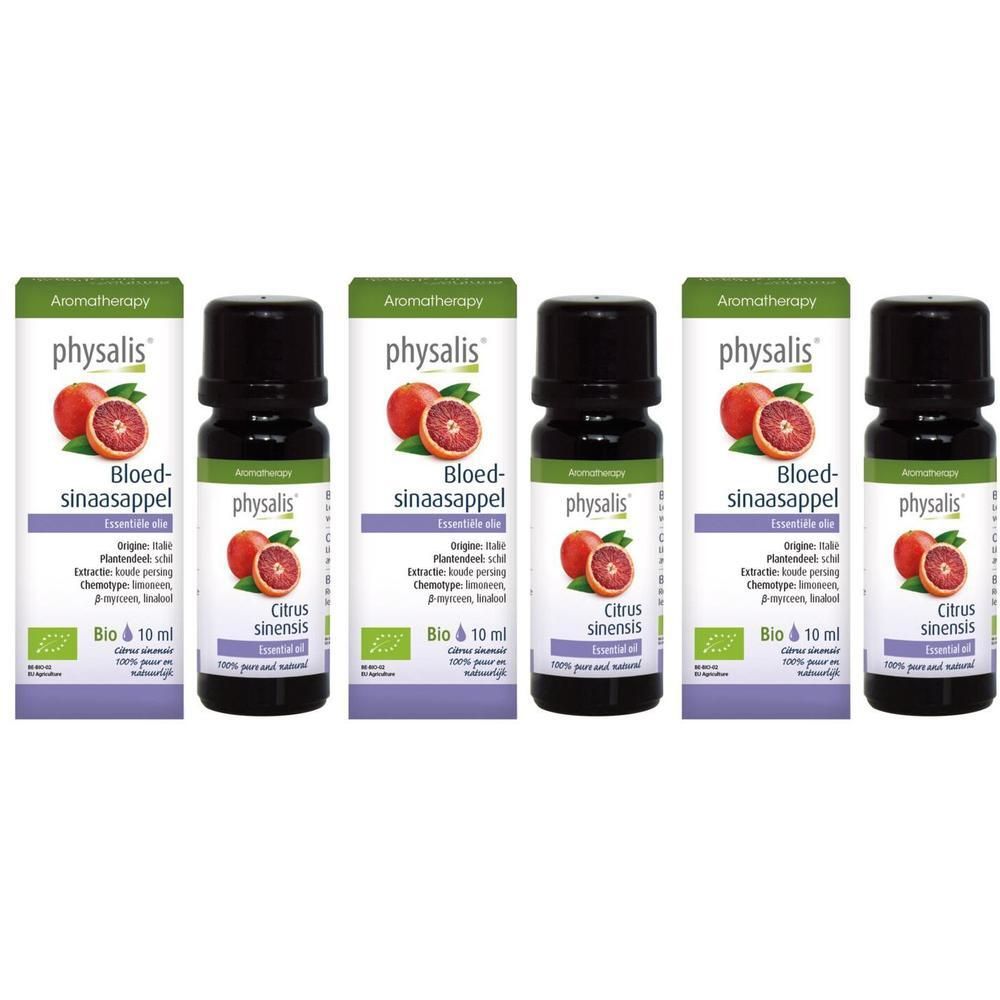 Drie flessen Physalis Bio Bloed Sinasappel etherische olie, elk 10 ml.