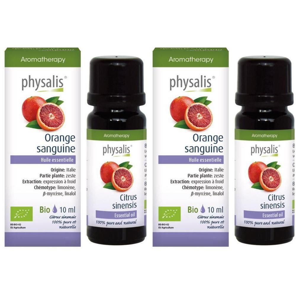 Quatre flacons d'huile essentielle Physalis® Orange Sanguine. Chaque flacon contient 10 ml.