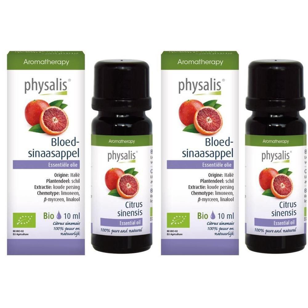 Vier flesjes Physalis® Bloedsinaasappel etherische olie. Elk flesje bevat 10 ml.
