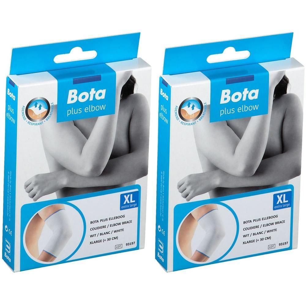 Twee verpakkingen Bota Plus elleboogbrace, wit, maat XL.