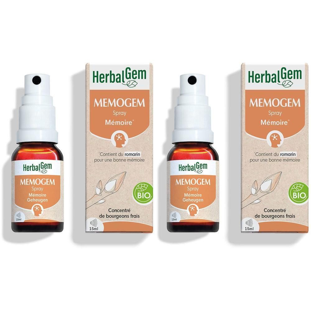 Twee flacons en doosjes HerbalGem Memogem Spray, 15ml.