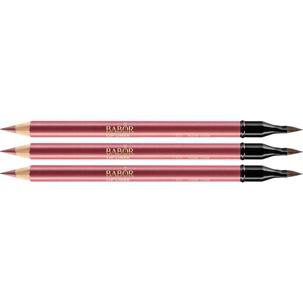 Trois crayons à lèvres double-embout nude rosé avec applicateur.