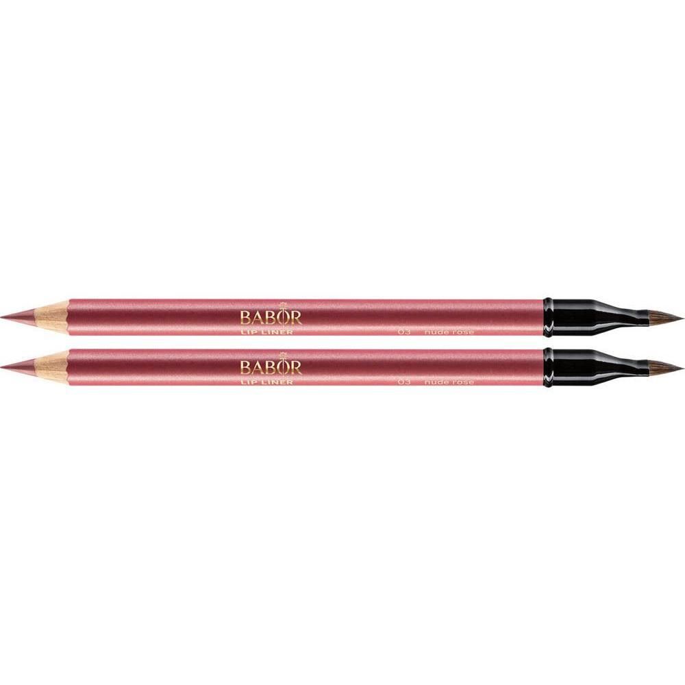 Deux crayons à lèvres double-embout nude rosé avec applicateur et pinceau.
