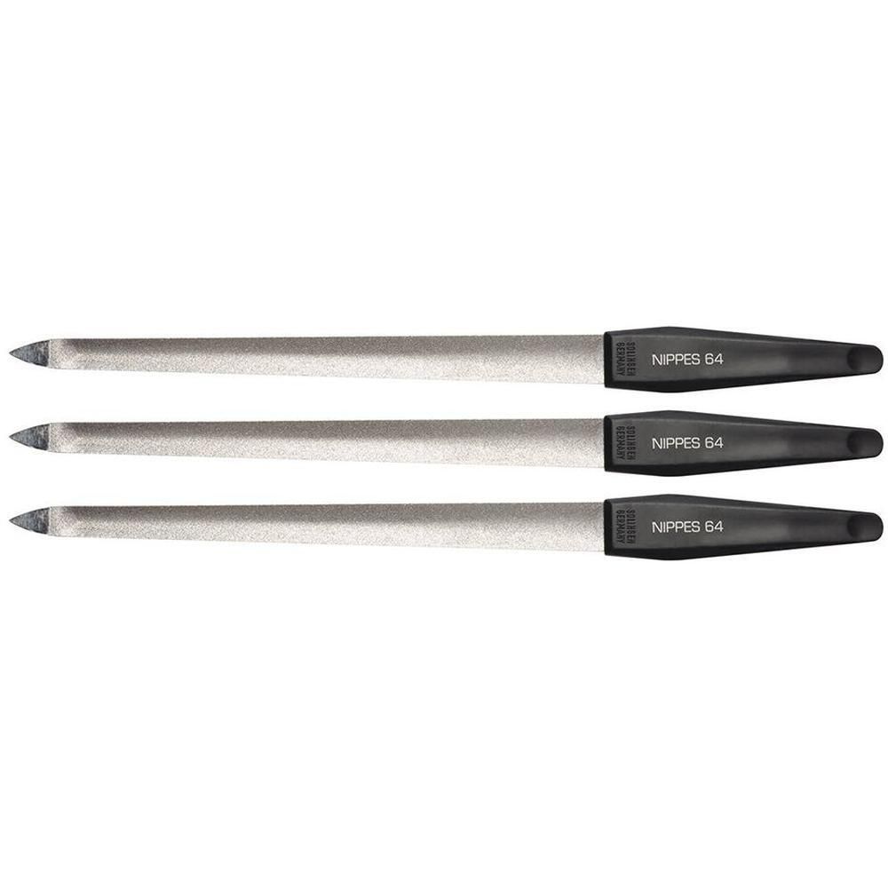 Drie diamantvijlen met zwarte handvatten, elk met "NIPPES 64" erop.