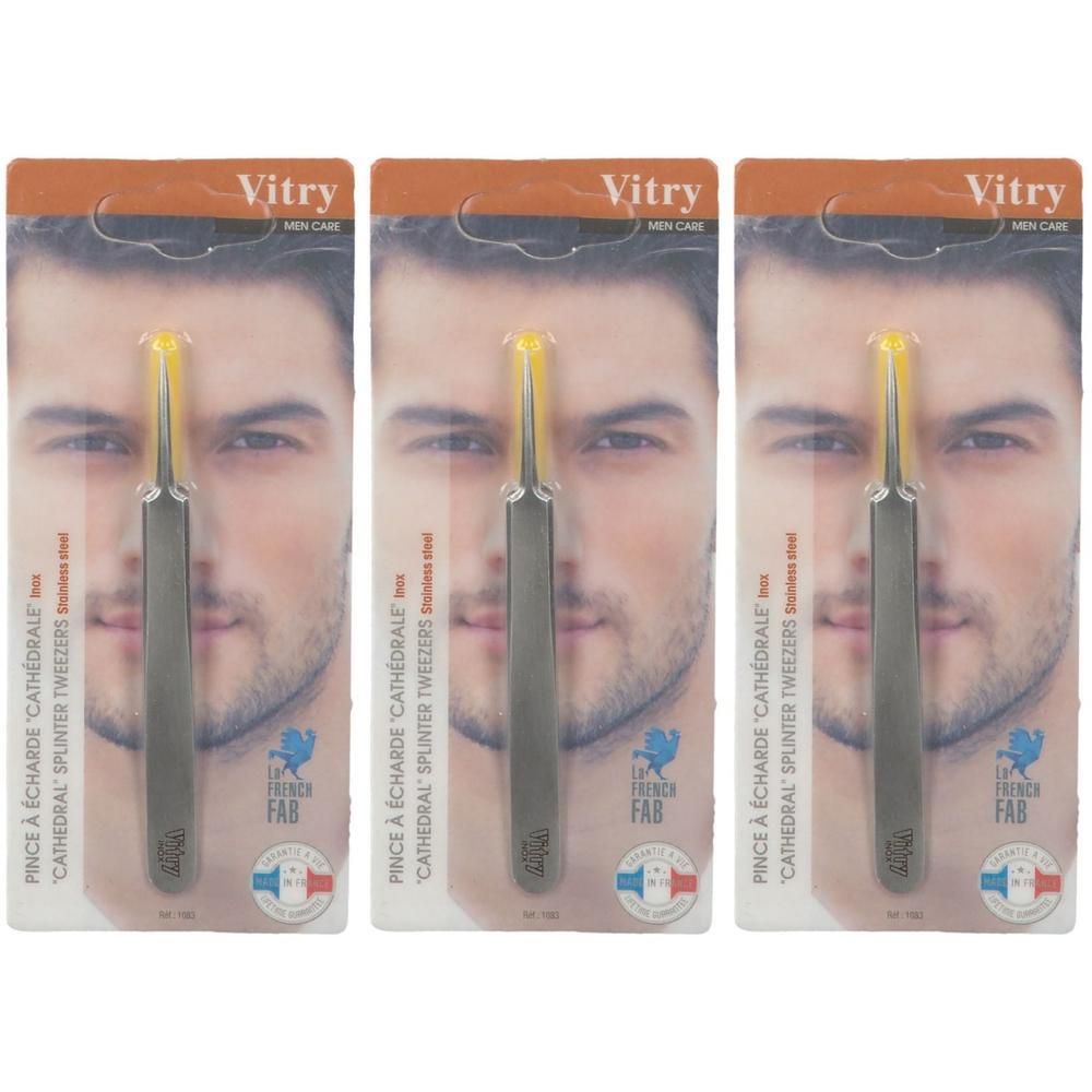 Vitry Splintertang, RVS, 8mm. Kathedraalpunt. Verpakking met mannenafbeelding.