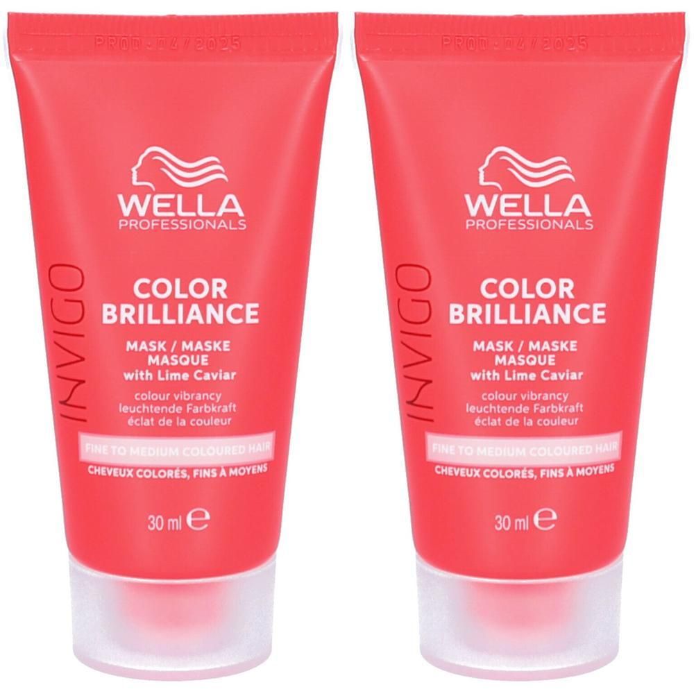 Twee rode tubes Wella Professionals Invigo Color Brilliance Masker met limoenkaviaar, elk 30 ml.