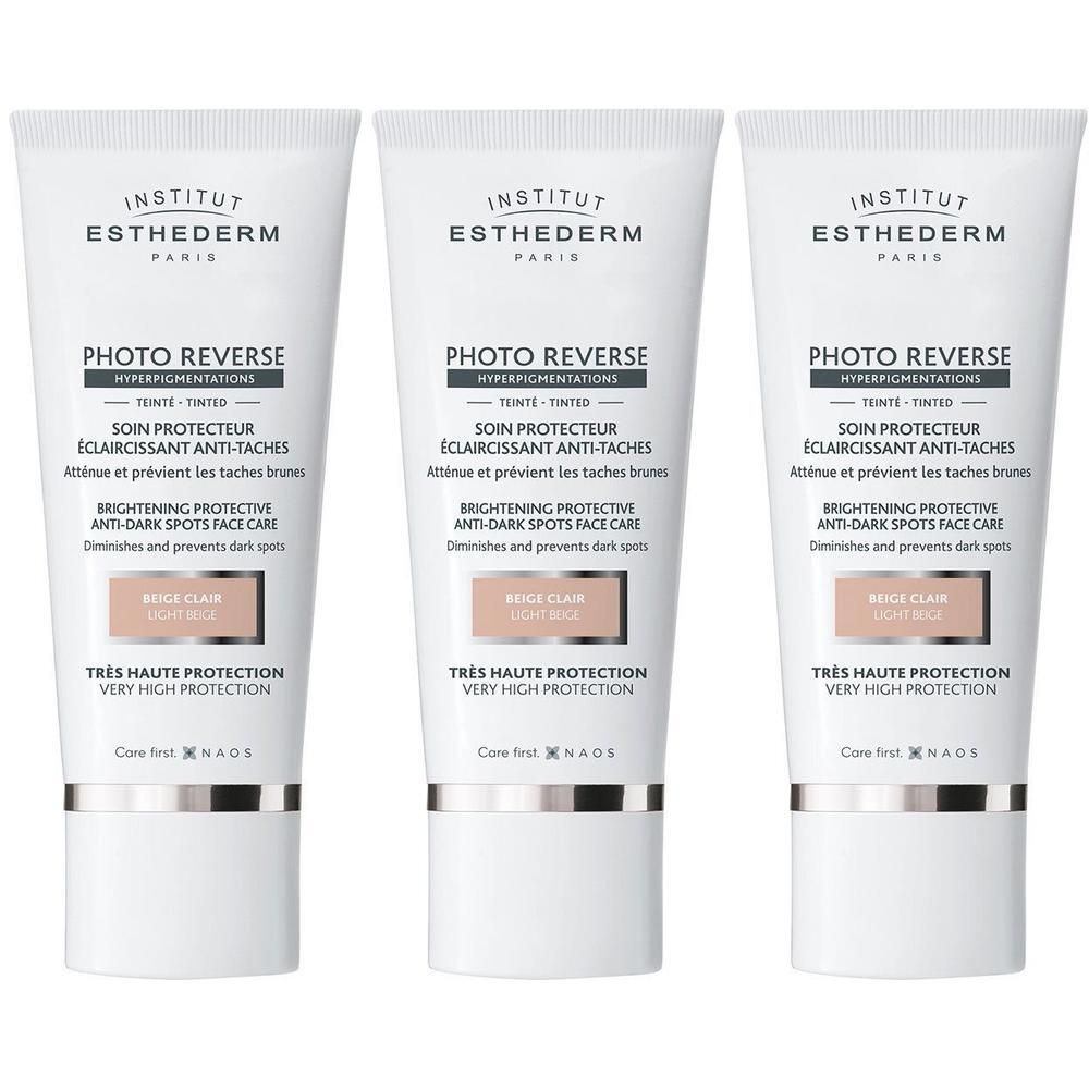 Drie tubes Institut Esthederm Photo Reverse Beige Clair met zeer hoge bescherming.